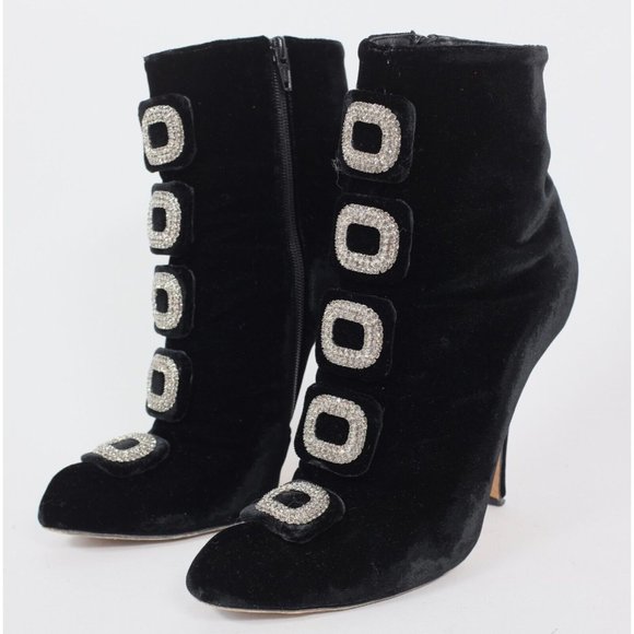 Manolo Blahnik crystal buckle boot shoes 39.5 US 9.5 black velvet